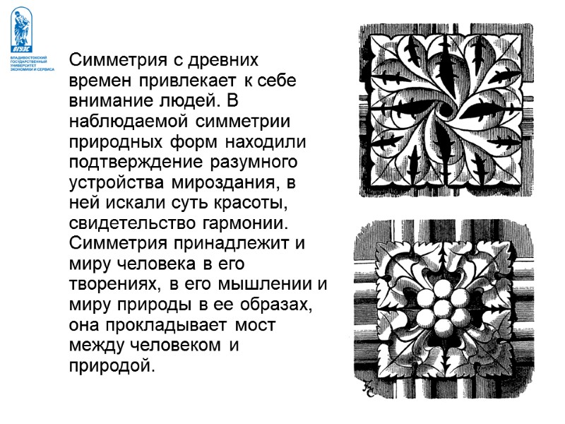 Симметрия с древних времен привлекает к себе внимание людей. В наблюдаемой симметрии природных форм